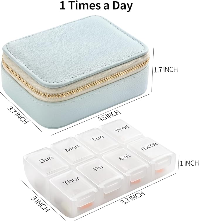 Genuine Leather Travel Pill Organizer Box Case 1 Times a Day for Purse for Women, Cute Medicine Pill Holder Containers for Vitamin Small Weekly Daily 7 Day Am Pm Pill Organizer(Pink)