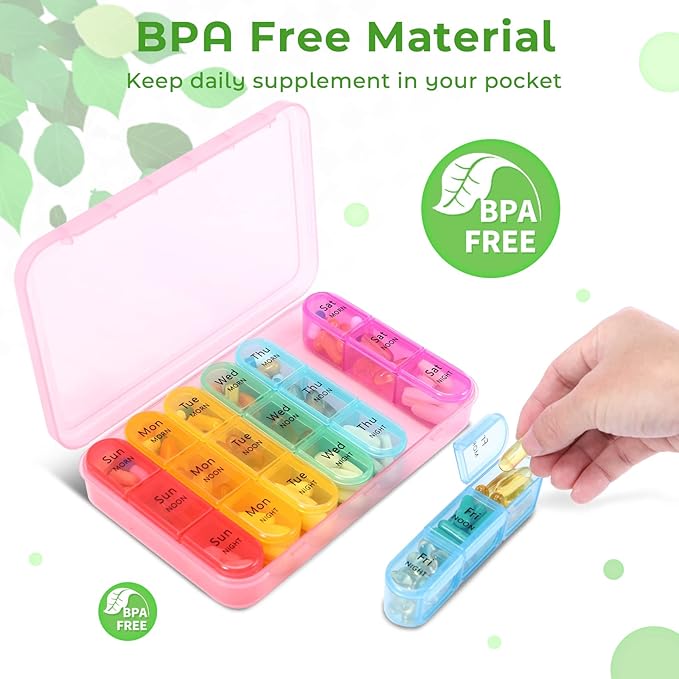 Daviky Daily Pill Box Organizer - 7 Day Pill Box with 3 Compartments, Holds Vitamins and Medication