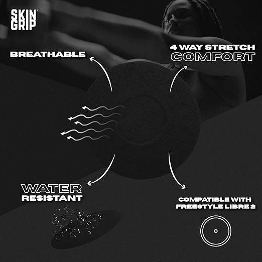 Skin Grip MAX Freestyle Libre 2 Sensor Covers Waterproof, Non-Fraying, Extreme CGM Tape, Continuous Glucose Monitor Patch, Libre Sensors Protection Covers, 10-Pack, Black