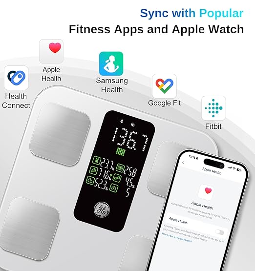 GE Scale for Body Weight: Body Fat, BMI, Muscle Mass, Smart Bathroom Scales with 14 Body Composition Metrics with Large Display, Accurate Bluetooth Weighing Machine with Fitness App, 400 lbs, White