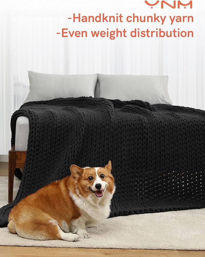 YnM 100% Cotton Weighted Blanket, Handmade Chunky Knitted Throw, No fillers Design, Soft and Breathable, Machine Washable Bed Blanket for Sleep or Home Decor (Dark Grey, 80x84 Inch, 35lbs)