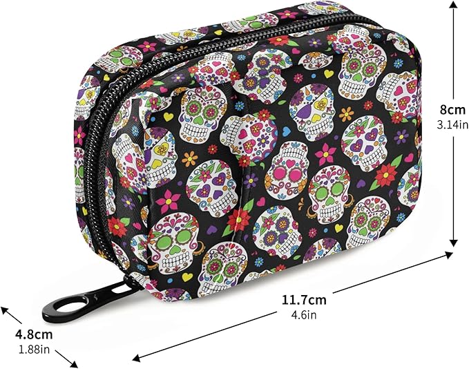Day of The Dead Sugar Skull Pill Box 7 Day Pill Case Travel Pill Organizer Bag with Zipper Portable Weekly Case Compact Size for Vitamin Supplement Holder