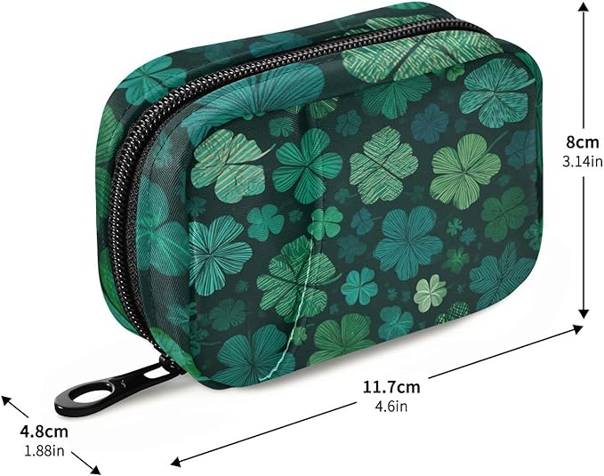 Green Vintage St Patrick's Day Clover Travel Pill Organizer Case Box Container Weekly Portable Vitamin Medicine Holder Storage Bag with Zipper Removable