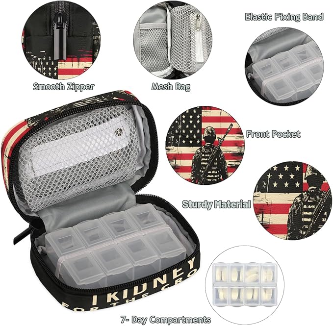 American Flag Cross Army Travel Pill Organizer Box Weekly Portable Pill Case Daily Pills 7 Day Small Birth Control Pills Container Removable Compartments for Medicine Vitamins Fish Oil