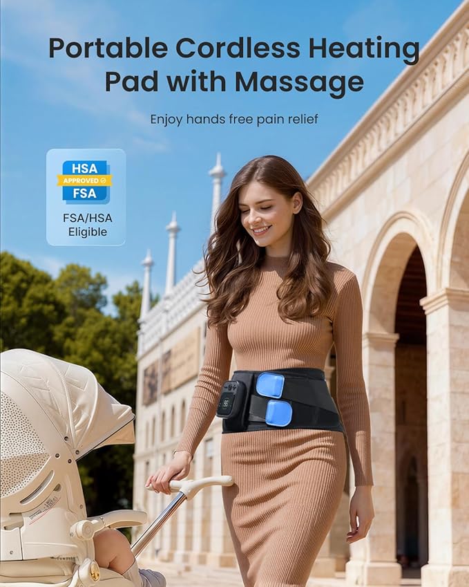 RENPHO Cordless Heating Pad for Back & Period Pain Relief, FSA Eligible & HSA Store, Portable Wireless Heat Pad with Massager, 5 Heat 3 Vibration, Birthday Gifts for Women Men 90-310 lbs