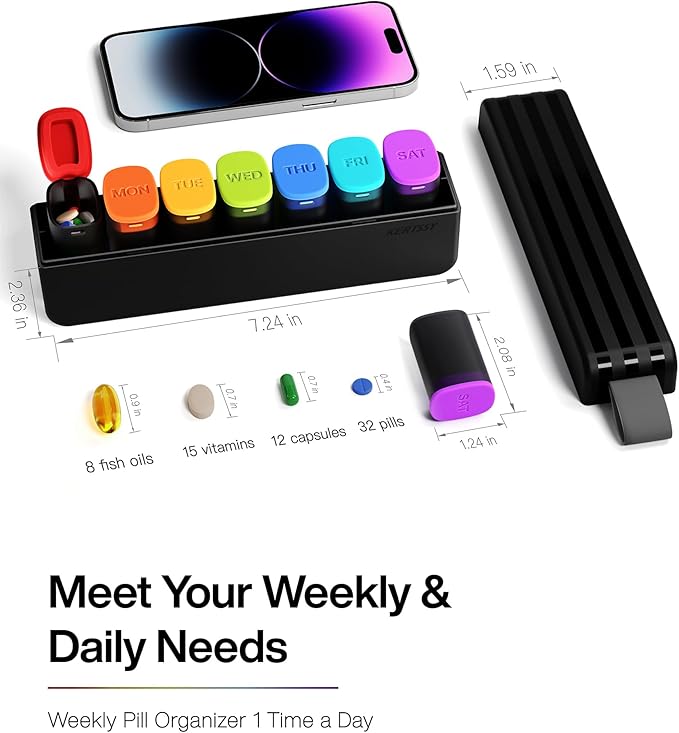 2 Packs Kertssy Weekly Pill Organizer 1 Time a Day - Black & White