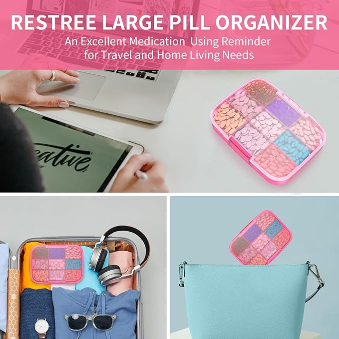 Restree Pill Organizer, Large & Waterproof Travel Pill Case, Adjustable Dividers for Daily Vitamins, Supplements, Fish Oil - Portable Medicine Box for Home & On-The-Go, 9 Compartment (Pink)