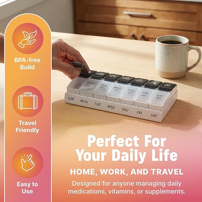 Weekly AM/PM Pill Organizer - 7 Day Medicine Planner with Large Pop-Out Daily Compartments, Easy Open 2-Times-a-Day Pill Case for Travel that Holds Big Size Vitamins & Supplements, Black and White