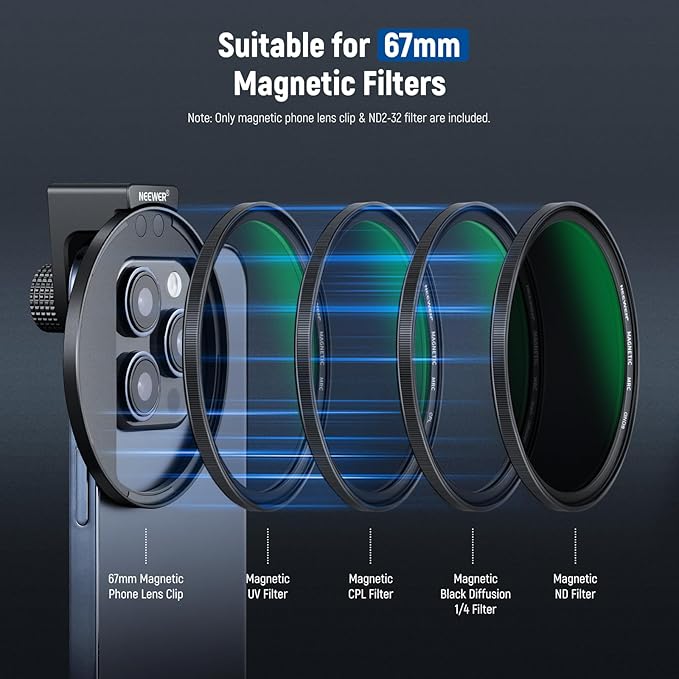 NEEWER 67mm Variable ND Filter with Cold Shoe Phone Lens Clip, HD Clip On Magnetic ND2-32 Filter Compatible with iPhone 17 Pro Max 16 15 14 Android Samsung Galaxy S24 S25 Ultra