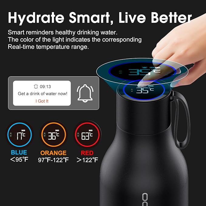 VSITOO 33oz Smart Self-Cleaning Water Bottle，Large Insulated Stainless Steel Bottle with AI Self-Clean, 30-Day Battery & Magnetic Charging for Outdoor Travel, Gym or Office, Black