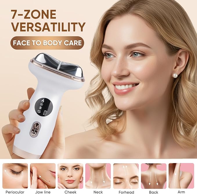 Microcurrent Facial Device with Red Light Therapy - 7-in-1 LED Sculptor & Hot Gua Sha for Face Neck Eye Firming, Depuffing & Double Chin Reduction