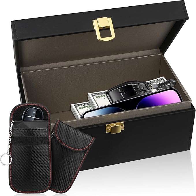 Diyife Extra Large Faraday Box, RFID Box for Car Keys with Pouch, Faraday Cage Key Fob Protector, Carbon Fiber Signal Blocker for Keyless Fob, Anti Theft Faraday Bags for Car Keys, Phones