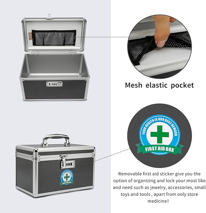 Combination Locking Medicine Box with Portable Storage Case, 12.2 x 7.2 x 7.6 Inch, Childproof Medication Lock Organizer, Lockbox for Secure Cash, Jewelry, ID Documents (Gray/Medium)