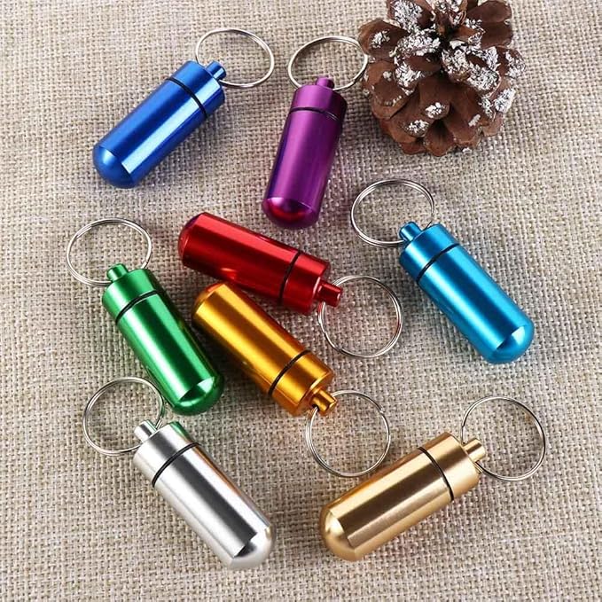 8 Pcs Aluminum Alloy Pill Box Case with Keychain, Mini Travel Pill Organizer Pocket Medicine Jar Waterproof Pill Bottle Container for Outdoor Camping