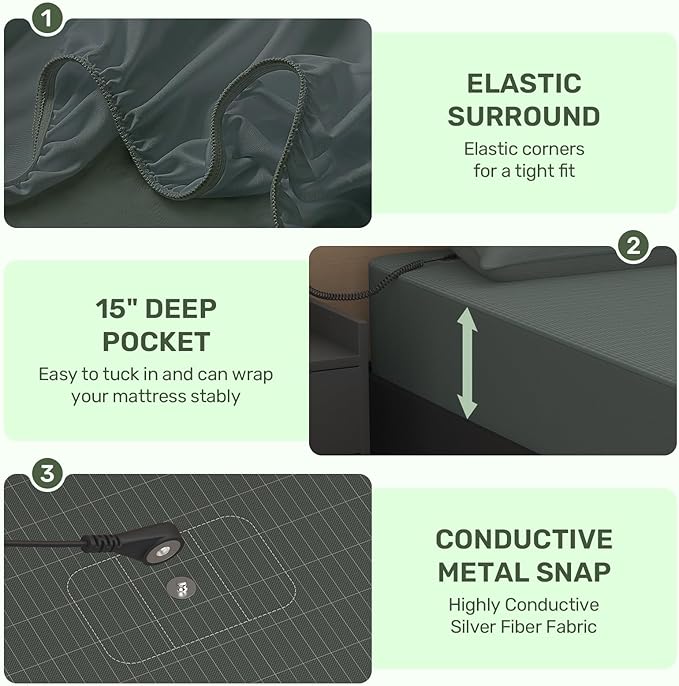 Reaks Grounding Sheets Queen Size, 95% Cotton + 5% Pure Silver Fiber, Fitted Bed Sheet with Deep Pocket Up to 15'', Earthing Mattress Pad with Grounding Cord