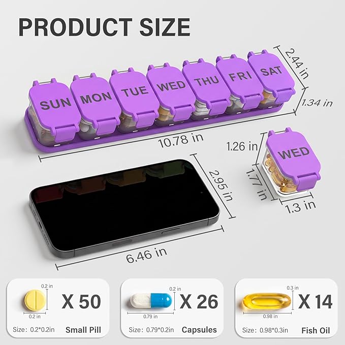 Extra Large Weekly Pill Organizer - Waterproof 7-Day Pill Box, Portable Vitamin & Supplement Case, Easy to Open Design, Ideal for Travel and Daily Medication Management