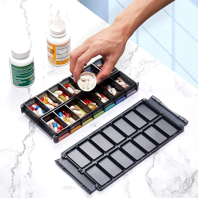 Extra Large Pill Organizer 2 Times a Day, FGcase Easy Fill AM PM Pill Box, Large Capacity Quick-Refill 7 Day Pill Cases for Pills/Vitamin/Fish Oil/Supplements Rainbow Black