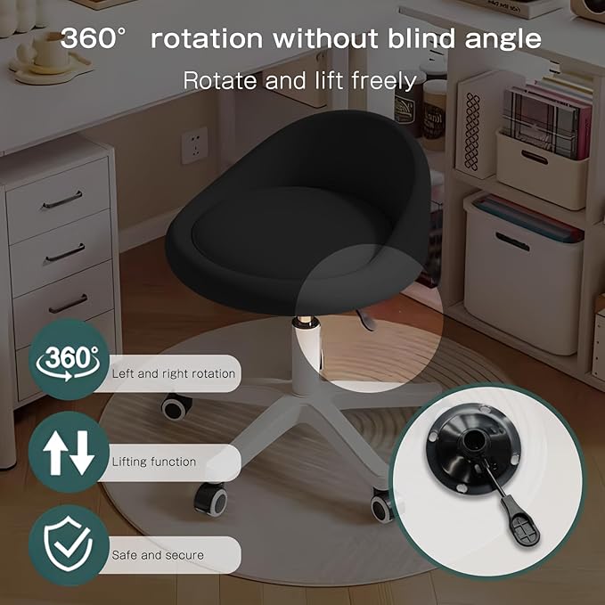 Rolling Stool Set of 3– Ergonomic Swivel Seat, Adjustable Height, Ultra-Quiet Wheels, Padded PU Leather Cushion, for Salon, Office, Massage & Medical Use Black