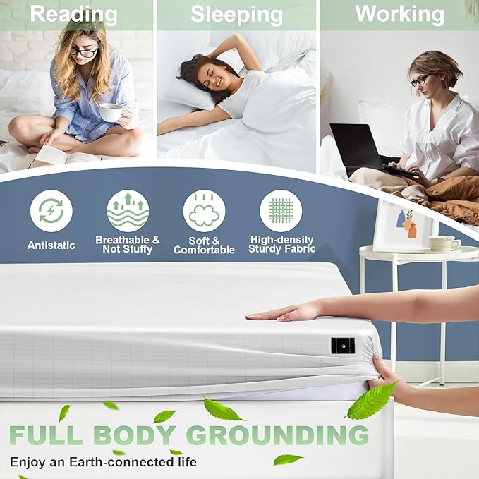Grounding Sheets Full XL Premium Cotton for Healthy Sleep Therapy, Deep Pocket Grounding Fitted Sheets Includes Grounding Cord (Beige, Full XL -54"x80"x14")