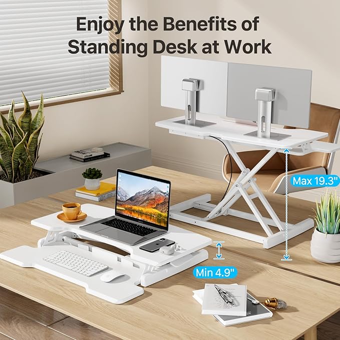 Standing Desk Converter 32 inch, Height Adjustable Sit Stand Desk Riser, Quick Sit to Stand Tabletop Dual Monitor Riser Workstation for Home Office with Keyboard Tray, White