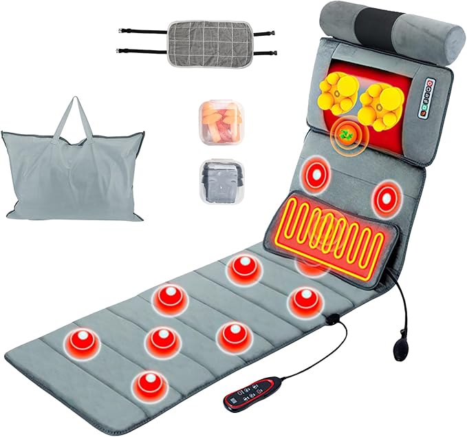 KOCASO Full Body Massage Mat with Heat - Electric Massage Mat Neck/Back Massager 10 Vibration Motors & 9 Modes with 2 Earplugs Lumbar Pillow Timer Anti-Slip Bottom, Mattress Chair Pad for Rleax