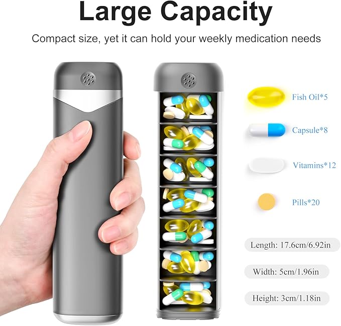 Pill Organizer, Weekly Pill Organizer 7 Day, Daily Pill Box, Pill Case, Pill Container, Weekly Pill Organizer 1 Time a Day, Portable Travel Pill Box for Vitamin, Fish Oil, Medicine (Grey&Silver)