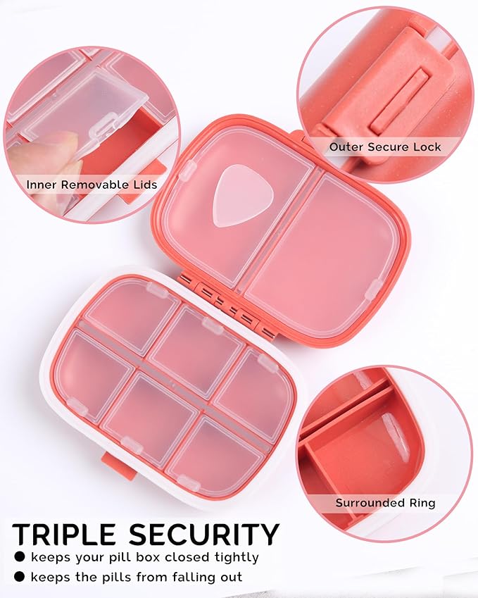 8 Compartments Travel Pill Organizer, Daily Pill Case Small Pill Box for Pocket Purse, Portable Pill Container Medicine Vitamin Organizer (Red)