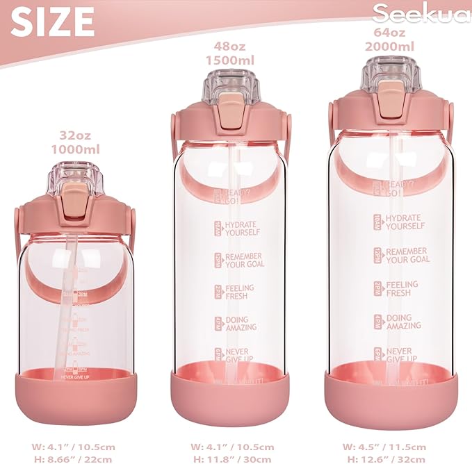 32 oz Glass Water Bottle with Straw and Time Marker, Large Motivational Borosilicate Glass Drinking Bottle with Silicone Boot and Sleeve