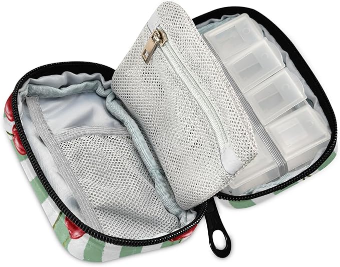 Vertical Green and White Striped Cherries Travel Pill Organizer Case Box Container Weekly Portable Vitamin Medicine Holder Storage Bag with Zipper Removable