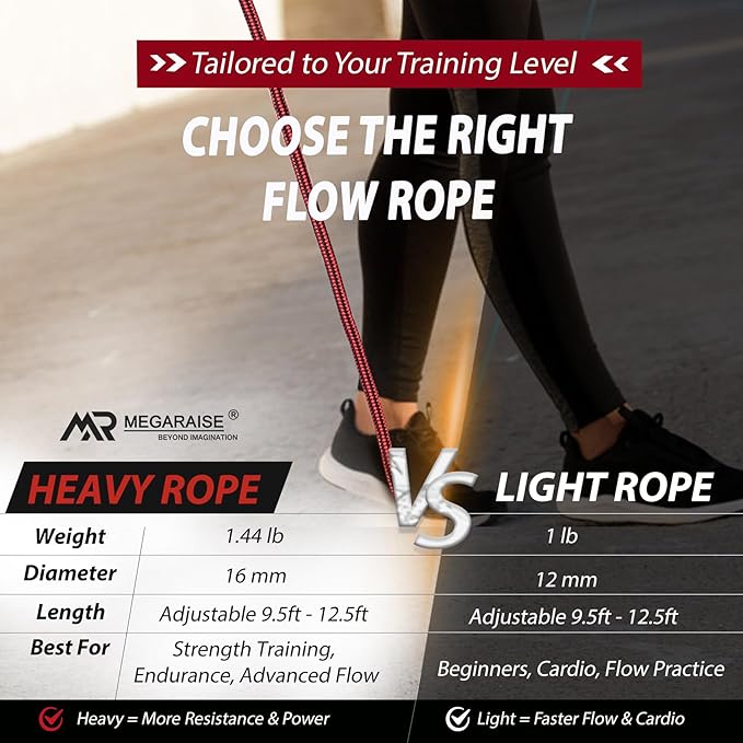 Flow Rope Weighted Fitness Jump Rope for Women Men Workout, Adjustable 1.44lb Heavy Rope for Adult Exercise, Mobility & Coordination Training at Home Gym & Outdoors