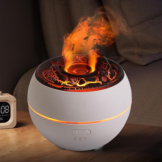 Essential Oil Diffuser, Volcano Flame Fire Oil Diffuser, 360ml Ultrasonic Cool Mist Aromatherapy Humidifier, Scent Diffuser with 7 Colors Light, Timer & Auto Shut-Off for Home, Room (White)