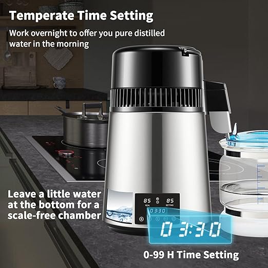 Water Distiller with Dual Temp Display and 0-99H Timer,1.1Gal 750W Distilled Water Maker for Alcohol and Essential Oils,Stainless Steel Countertop Distilled Water Machine