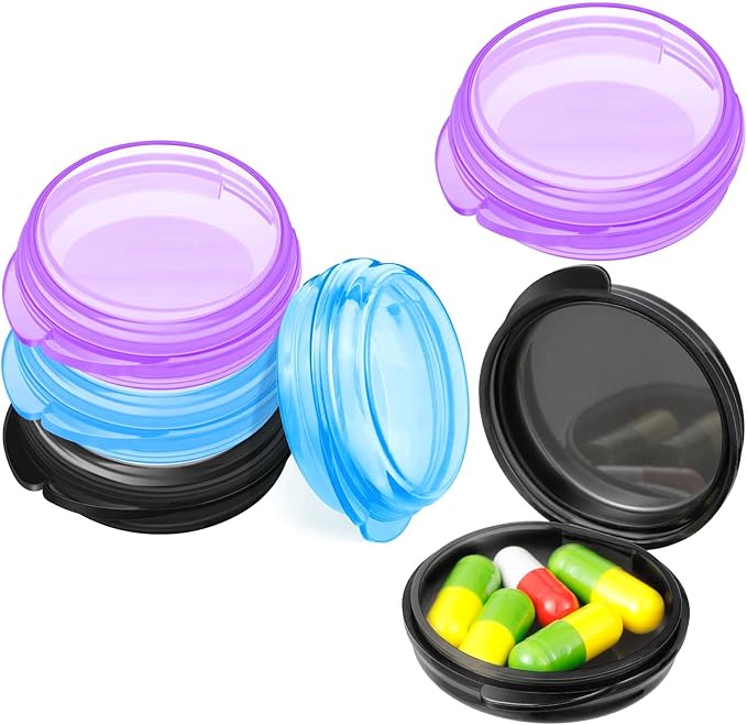 Patelai 6 Packs Small Pill Organizer Box, Travel Pill Container Portable Daily Mini Medicine Case Holder for Pocket Purse Briefcase Cod Liver Oil Jewelry Beads Earplug Storage Box(Black, Purple, Blue)