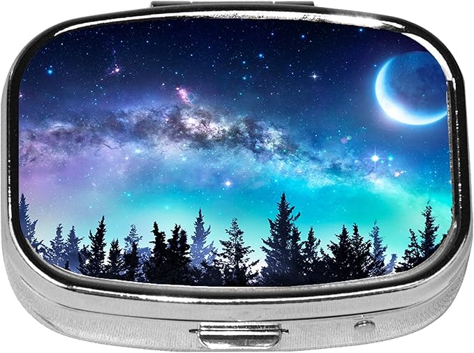 Square Pill Case Small Pill Box with Mirror Pocket 2 Compartment Vitamin Pill Medicine Case Organizer Pill Containers for Traveling Starry Sky Coniferous Forest Moon