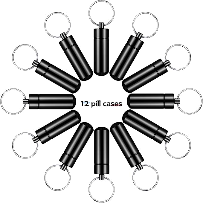 Patelai 12 Pcs Portable Keychain Pill Holder Mini Pocket Pill Case for Men Women Aluminum Geocache Containers Waterproof Metal Medicine Bottle Organizer for Outdoor Camping Travel(Black)