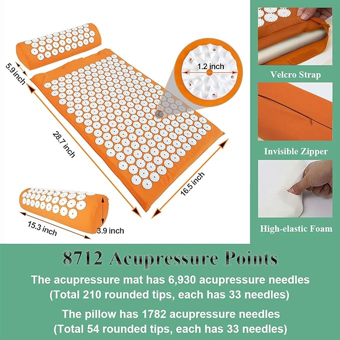 XiaoMaGe Acupressure Mat and Pillow Set with Bag - Large Size 28.7 X 16.5 inch Acupuncture Mat for Neck & Back Pain, Muscle Relaxation Stress Relief, Sciatica Pain Relief Pillow (Orange)
