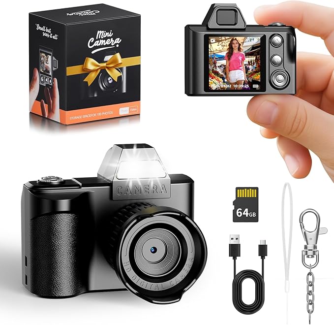 Mini Keychain Camera -Maxmango 1080P HD Video Tiny Retro Digital Camera with 64GB SD Card, 1.3’’ HD Screen Portable Small Camera for Travel Study Recording