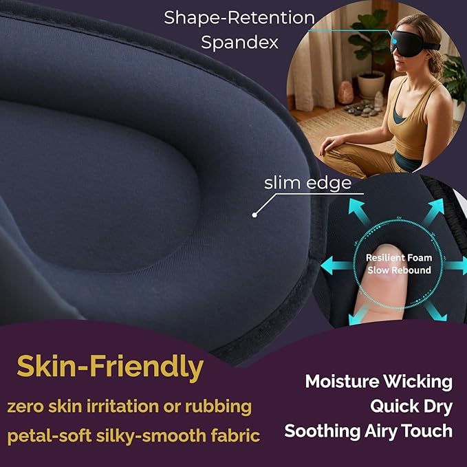 3D Sleep Mask for Back Sleepers - True Blackout Eye Masks for Sleep - Zero Eye Pressure Nose Seal Eye Cover for Meditation, Naps & Travel, Adjustable & Comfortable - Jet Black
