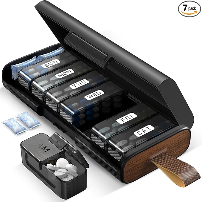 Weekly Pill Organizer 2 Times a Day, 7 Day AM PM Pill Box with Built-in Desiccant, Portable Medicine Case with 7 Detachable Containers for Vitamins & Supplements