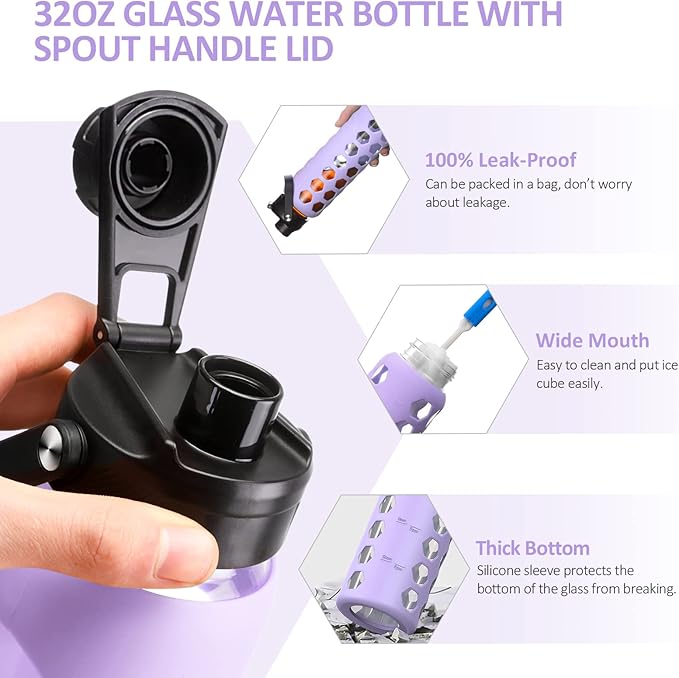 MUKOKO 24oz Glass Water Bottle with 2 Lids-Handle Flip Lid&Bamboo Straw Lid,Motivational Water Tumbler with Time Marker Reminder and Silicone Sleeve, Leakproof-Purple