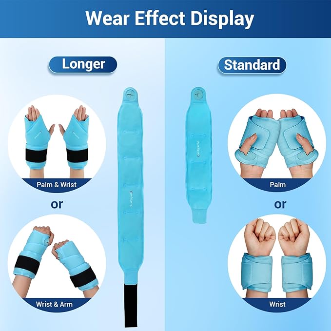 Comfytemp 24.5" Extra Long Wrist Ice Pack Wrap for Carpal Tunnel Relief, Reusable Gel Wrist Brace Hot Cold Compress for Hand Forearm Pain, Injuries, Arthritis, 2 Packs