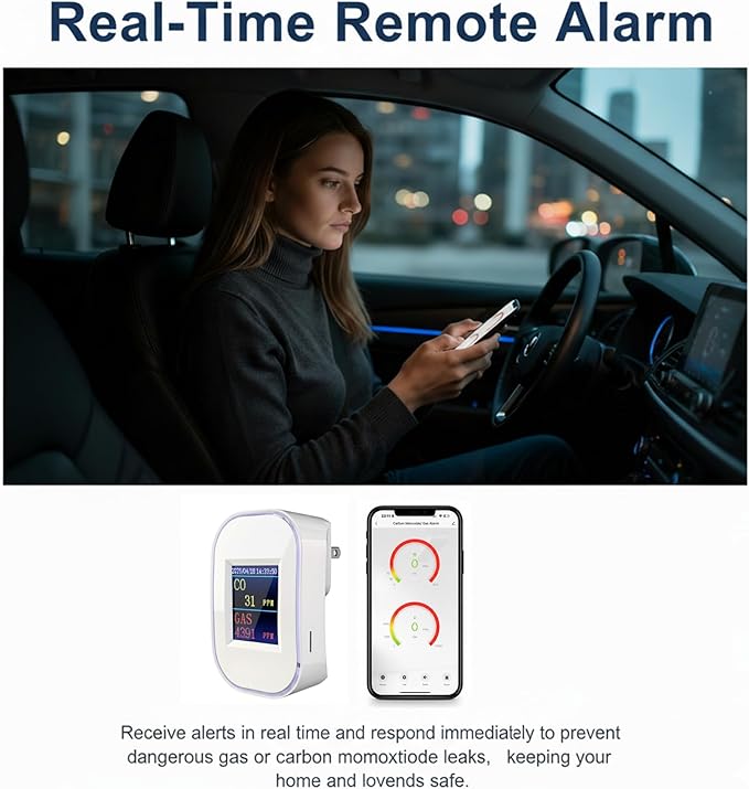 WiFi Carbon Monoxide & Natural Gas Detector Plug-in, 2-in-1 Gas and Carbon Monoxide Detector, Smart CO Detector Plug in & Combustible Gas Leak Detector for Home, RV, Kitchen – Supports 2.4 GHz WiFi