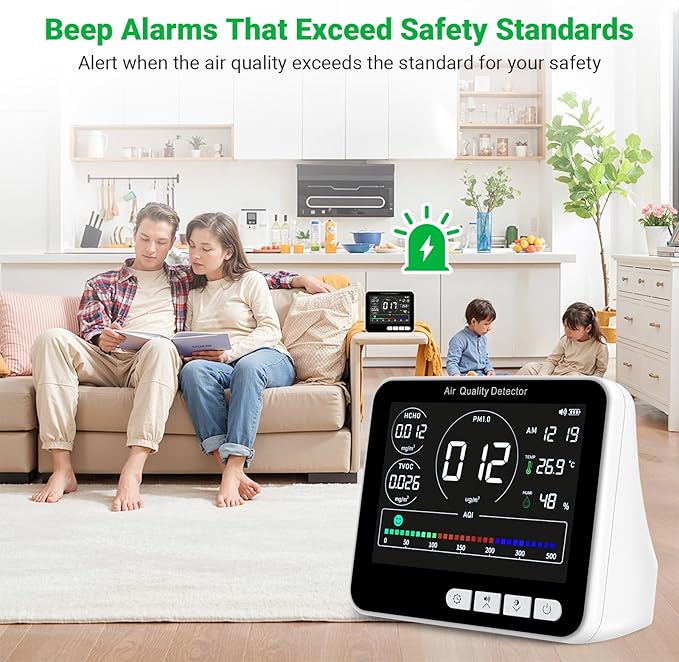 BIBIRE 14-in-1 Air Quality Monitor Indoor with Beep Alarm, 6 AQI Air Detector with PM1.0|PM2.5|PM10|HCHO|TVOC|AQI|Temperature|Humidity|Time for Home, Hotel, Office, Car, Battery Powered