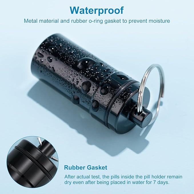 Keychain Pill Holder for Nitroglycerin, 2 Pack Mini Waterproof Portable Travel Purse Pocket Pill Case, Keychain Fob Container for 25ct Nitro/Nitroglycerin Bottle (Black + Silver)