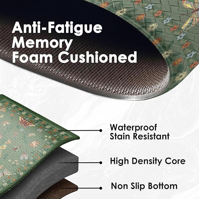 Arttown Kitchen Mats for Floor 2Pcs-Anti Fatigue Non Slip Mats for Kitchen Floor, Cushioned Waterproof & Stain-Resistant Boho Floral Mat Set, Laundry Room, Office, Sink, Desk (Green)