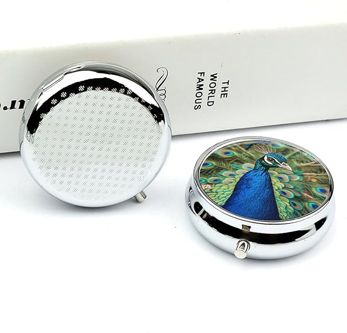 Beautiful Peacock Pill Organizer Cute Pill Box Decorative Metal Pill Case Portable Vitamin Organizer Travel Medicine Holder Mini Pill Storage Container for Purse