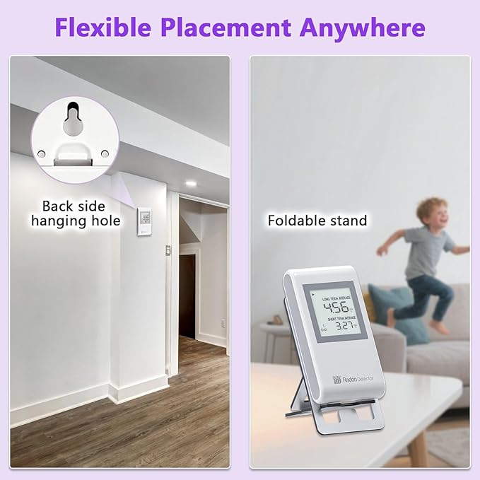Home Radon Detector with Bracket，Portable Radon Test Kit for Home with Long and Short Term Radon Monitoring, Lightweight, Easy-to-Use, AAA Battery-Powered USA Version, PCi/L