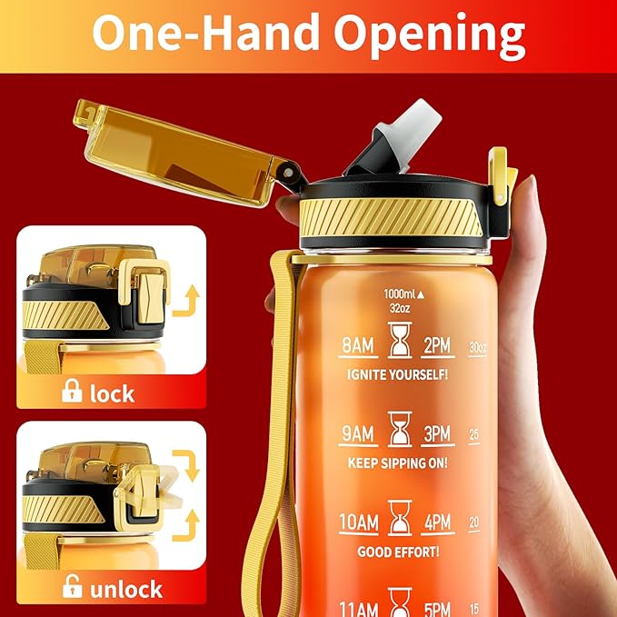 Water Bottle with Straw, 32oz Motivational Water Bottles with Time Marker to Drink, Tritan BPA Free, 1L Sports Water Bottle with Carry Strap LeakProof for Women Gym Fitness Outdoor (1 Pack)