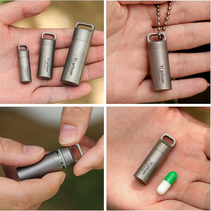 Titanium Waterproof Pill Container, Secret Pill Holder Keychain, Portable Daily Travel Pill Fob, Outdoor EDC First Aid Kit Pill Bottle, Metal Pocket Medicine Box Pill Capsule Charming Pendant