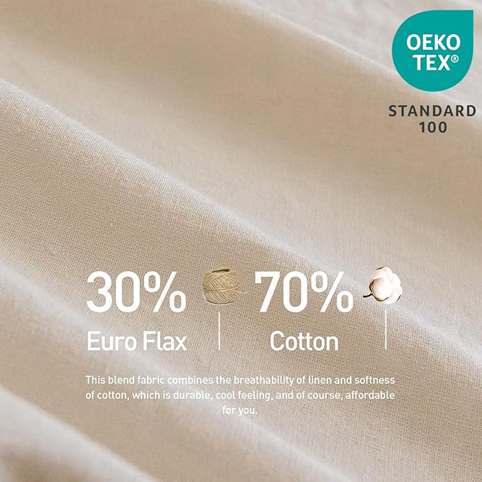 Simple&Opulence Belgian Linen Sheet Set Solid Color - 6 Pieces (1 Flat Sheet & 1 Fitted Sheet & 4 Pillowcases) 16" Deep Pocket Natural Flax Cotton Blended Soft Bedding - Linen, Queen Size